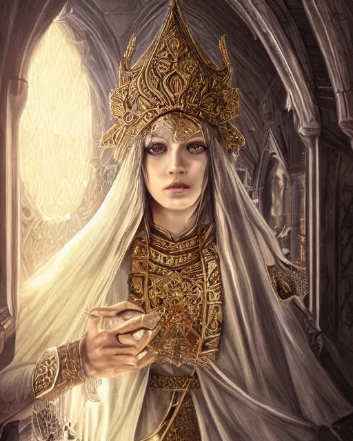 Prompt: highly detailed sharp photorealistic portrait of a beautiful female priestess with shimmering hair, symmetrical face and eyes, dressed in intricate silk and gold,holding sacred scripture, cgsociety, Elden Ring, Dark Souls, Bloodborne