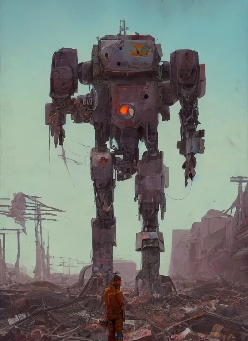 Prompt: a bipedal mech standing among the rubble of a destroyed city by simon stalenhag, artstation, mecha, military, science fiction, digital painting, 4 k