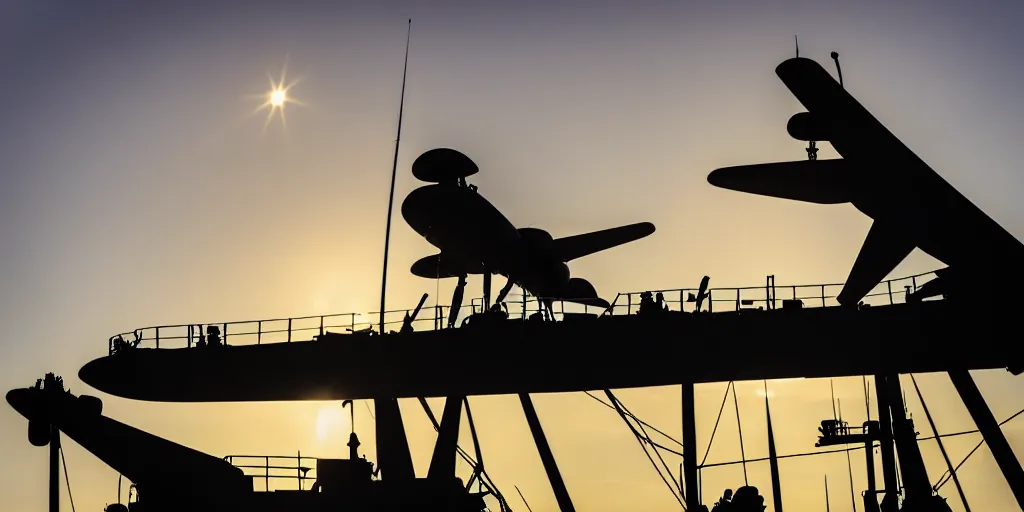 Image similar to warplane stand still on war ship, a dog cartoon symbol on its tail, sun on the background, a little bit silhouette, high quality, award winning photography, photo professional, photography, 2 4 mm lens, f 2. 0, high quality, sharpen, detailed, 8 k, hd, uhd, color grading