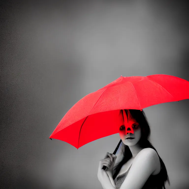 Image similar to atmospheric haze a close up of a person's face with a red umbrella photoshot by karah mew