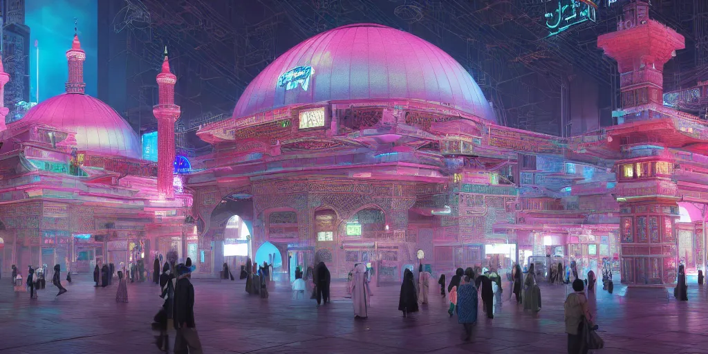 Image similar to Photorealistic cyberpunk mosque in crowded Tokyo night, with great domes and arches, cyan and pink neon lights, people and androids wearing traditional japanese clothing. Hyperdetailed photorealism, UHD, amazing depth, glowing rich colors, golden ration, 3D octane cycle unreal engine 5, 3d shading, cinematic lighting, artstation concept art