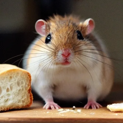 Image similar to Gerbil with its head stuck in a piece of bread