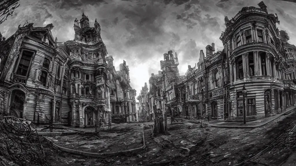 Image similar to victorian era architecture based city, abandoned, crawling with beasts, bloodborne, yarhnam, curved perspective, fisheye effect