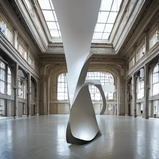 Image similar to giant Italian modern castle living room, clean minimalist design, that is 1300 feet tall, a sculpture installation of a series of 8 feet tall modern mirror finish, smooth, organic shaped sculptures by John Chamberlain, photo by Annie Leibovitz