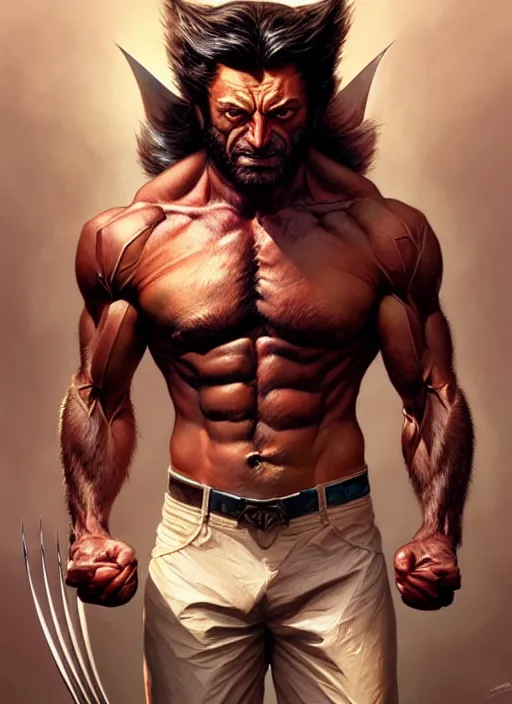 Image similar to Portrait of Wolverine, D&D, muscular, fantasy, intricate, elegant, highly detailed, digital painting, artstation, concept art, smooth, sharp focus, illustration, art by artgerm and greg rutkowski and alphonse mucha