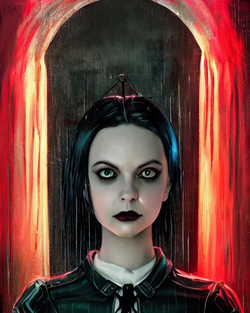 Prompt: An epic fantasy comic book style portrait painting of a very beautiful imposing Industrial goth Wednesday Addams in the rain, wet hair, neon reflections, character design by Mark Ryden and Pixar and Hayao Miyazaki, unreal 5, DAZ, hyperrealistic, octane render, cosplay, RPG portrait, dynamic lighting, intricate detail, cinematic