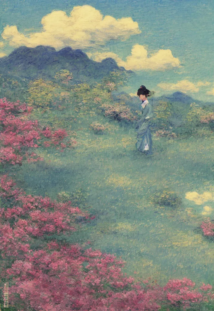 Prompt: tiny character in front of a beautiful japanese country side landscape, ryokans in the background, blue sky, magnificient clouds, lofi vibe, vivide colors, amazing light, really beautiful nature, oil painting, impressionist style, by jeremy lipkin, by claude monet, by ghibli, kandinsky touches, multiple brush strokes, masterpiece
