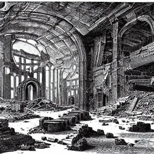 Image similar to abandoned ruins of interplanetary city etching by gustav dore lineart