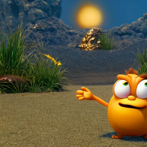 Prompt: garfield is he were a planet, space, stars, hair physics, blender render, pixar, disney, unreal engine 5, nvidia hair,