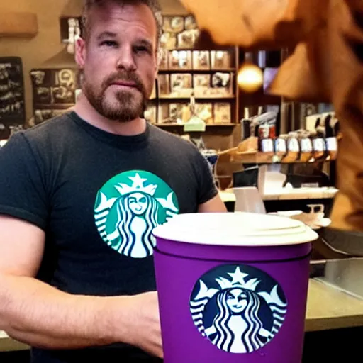 Image similar to thanos as a starbucks barista