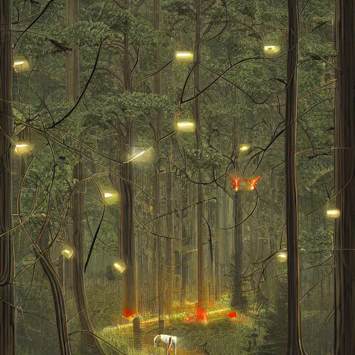 Prompt: a cybernetic ecology. joined back to nature, all watched over by machines of loving grace. a cybernetic forest filled with pines and electronics where deer stroll peacefully past computers as if they were flowers with spinning blossom