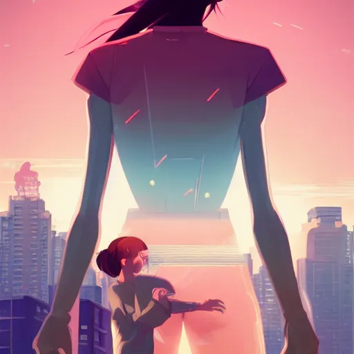 Image similar to a menacing android monster looming over a cowering female, clean cel shaded vector art. shutterstock. behance hd by lois van baarle, artgerm, helen huang, by makoto shinkai and ilya kuvshinov, rossdraws, illustration,