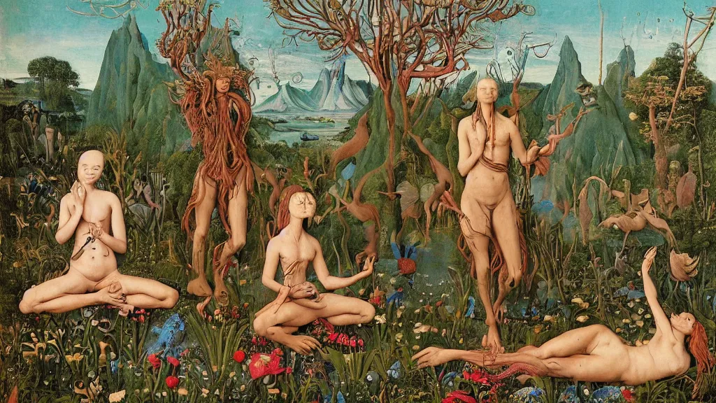 Prompt: a photograph of a meditating centaur shaman and a harpy mermaid mutating into creatures. surrounded by bulbous flowers and a few trees and wild animals. river delta with mountains under a blue sky full of burning stars and birds. painted by jan van eyck, max ernst, ernst haeckel, ernst fuchs and artgerm. trending on artstation