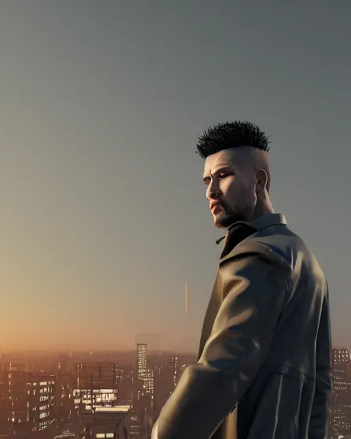 Image similar to a night rooftop scene, close up shot of a photorealistic gangster wearing a trench coat looking at the city below, unreal engine, hyper realism, realistic shading, cinematic composition, realistic render, octane render, detailed textures