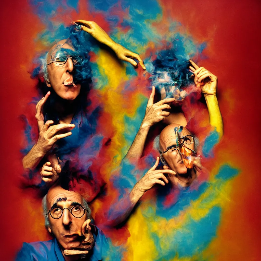 Prompt: award winning photo of larry david tripping on lsd and smoking weed, vivid colors, happy, symmetrical face, beautiful eyes, studio lighting, wide shot art by Sally Mann & Arnold Newman