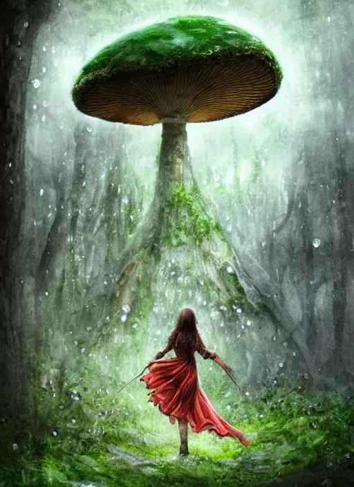 Image similar to a beautiful fantasy woman makes camp under a large mushroom, moss, dewdrops, rainstorm, watercolor, dramatic lighting, cinematic, establishing shot, extremely high detail, foto realistic, cinematic lighting, pen and ink, intricate line drawings, by Yoshitaka Amano, Ruan Jia, Kentaro Miura, Artgerm, post processed, concept art, artstation, matte painting, style by eddie mendoza, raphael lacoste, alex ross,