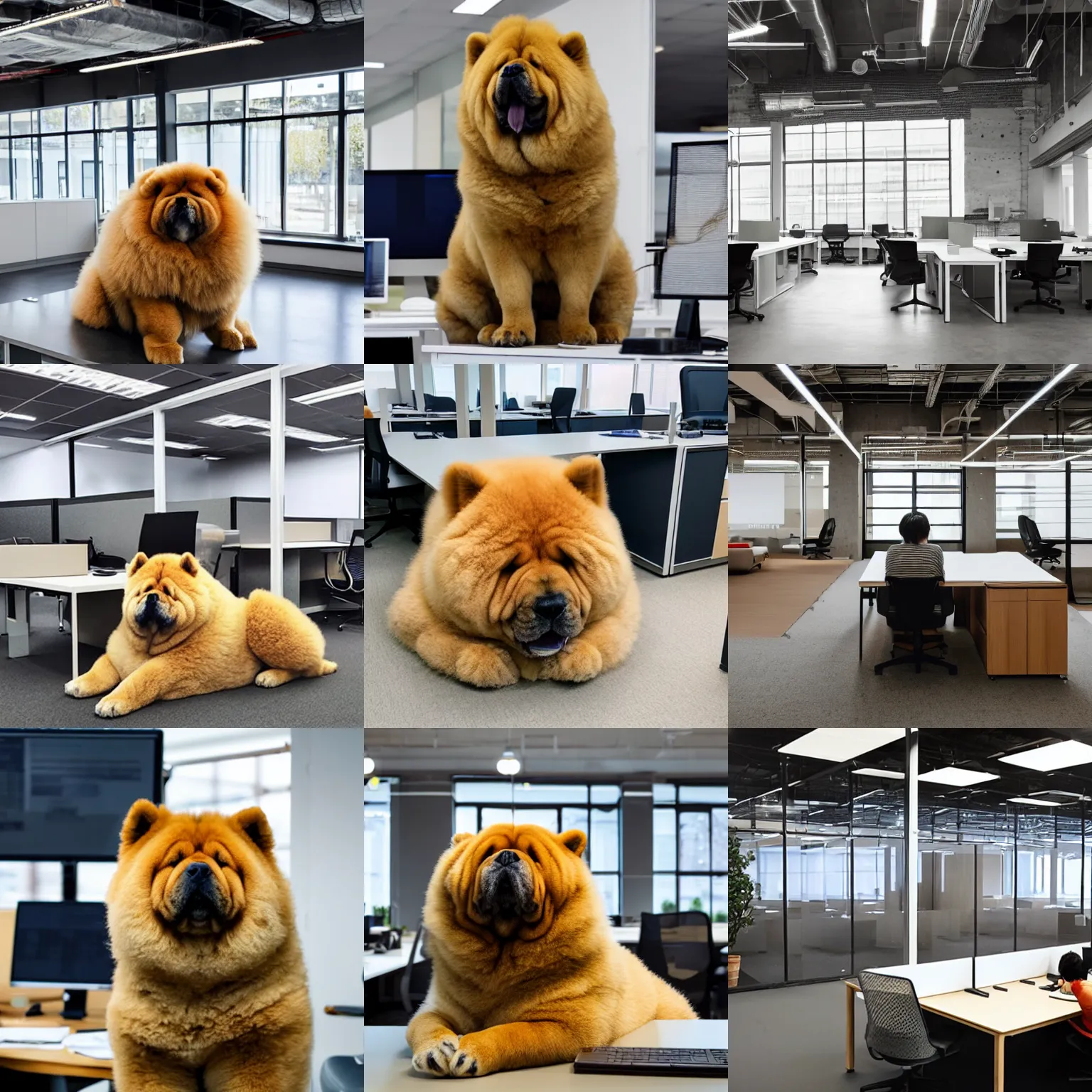 Prompt: a photo of a giant chow chow working at an open floor plan office