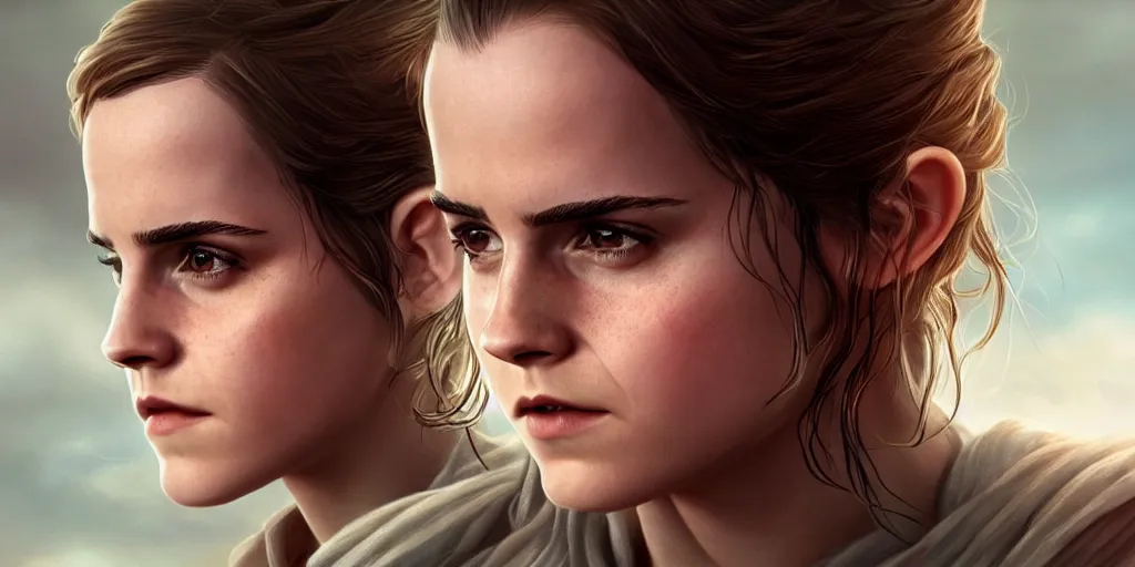 Image similar to Emma Watson is Rey Skywalker, hyperdetailed, artstation, cgsociety, 8k