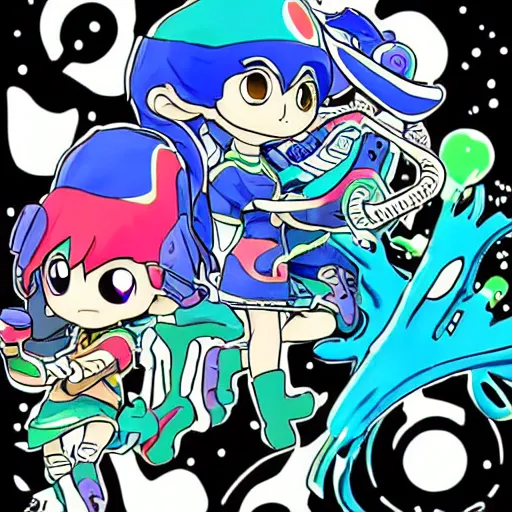 Prompt: Splatoon manga art illustration, colored illustration