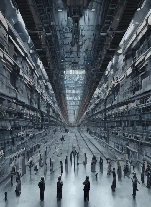 Image similar to a long queue of people standing in a huge underground dystopian factory, low camera angle, hyperdetailed, artstation, cgsociety, 8 k