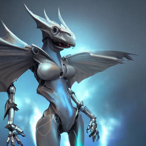 Image similar to cute anthropomorphic female robot dragon doing an elegant pose, with two big epic wings behind her, two arms that have 5 fingers each, two legs, a long tail; high quality digital art, artstation, unreal engine HD render, deviantart, furaffinity