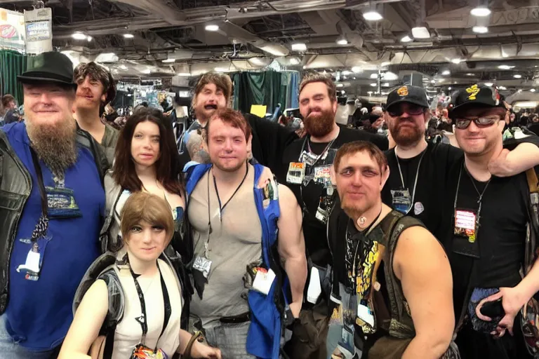 Prompt: a group of multiple ethan van scivers posing for a picture at a comic con convention