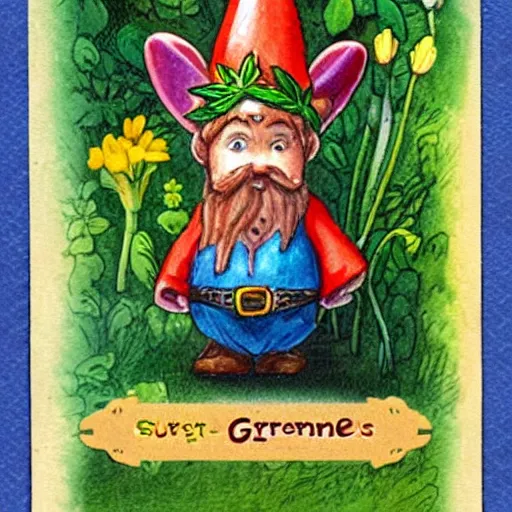 Prompt: collecting cards of undercover super garden gnomes and their magical attributes, borders,