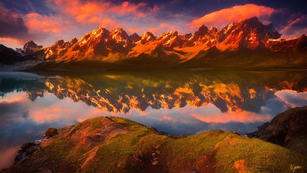 Image similar to amazing landscape photo of mountains with lake in sunset by marc adamus, beautiful dramatic lighting