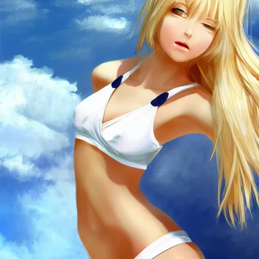 Image similar to tiny father a tall daughter picture : a very beautiful young blond anime girl, sky blue eyes, bikini, white miniskirt, highly detailed, cinematic wallpaper by stanley artgerm lau
