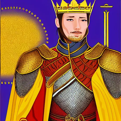 Prompt: a tall royal knight in golden armor saluting his king, digital art