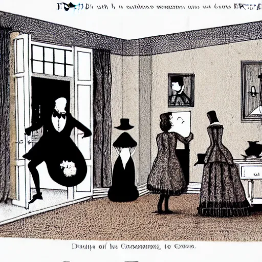 Prompt: Edward Gorey illustration of a victorian living room with costumed people dancing