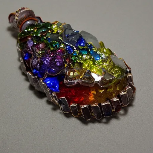 Image similar to 4 eyed crystal piece of metal, rough, deep gorgeous colors, ultra detailed