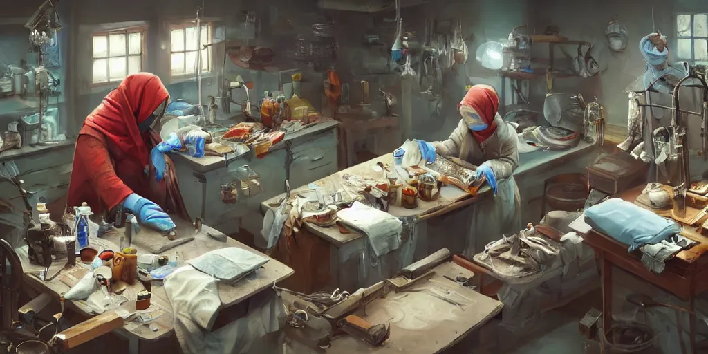 Prompt: an environmental concept art of a babushka surgeon in a cluttered mechanics workshop, surgical impliments, surgery table, highly detailed, cinematic, dramatic