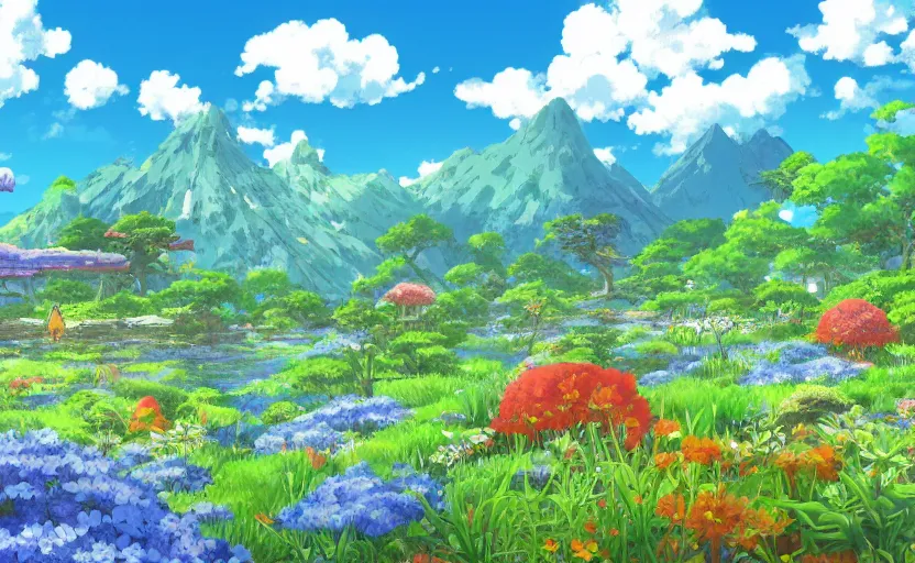 Prompt: exhuberant jungle anime, small blue lagoon, sunny meadow with flowers, mountains on the background, by Hayao Miyazaki, Nausicaa, studio Ghibli style, Anime wallpaper, cell shading,