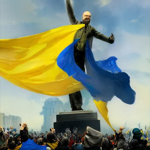 Prompt: a crowd of people with blue and yellow ukrainian flags overthrow and bring down the statue of vladimir lenin, photorealistic, highly detailed, artstation, smooth, sharp focus, art by michael whelan, artgerm, greg rutkowski and alphonse mucha