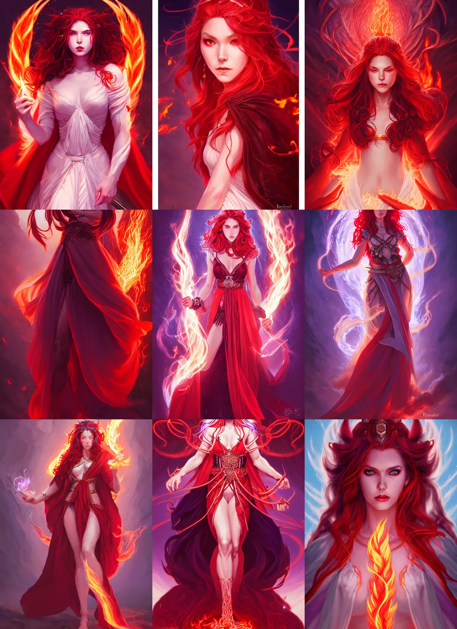 Image similar to full body portrait of the goddess of fire and thunder, robes, red and white, beautiful, violet hair, glowing eyes, stunning, high fantasy, extremely detailed, smooth, sharp focus, digital illustration, by rossdraws, frank fanzzeta, sakimichan