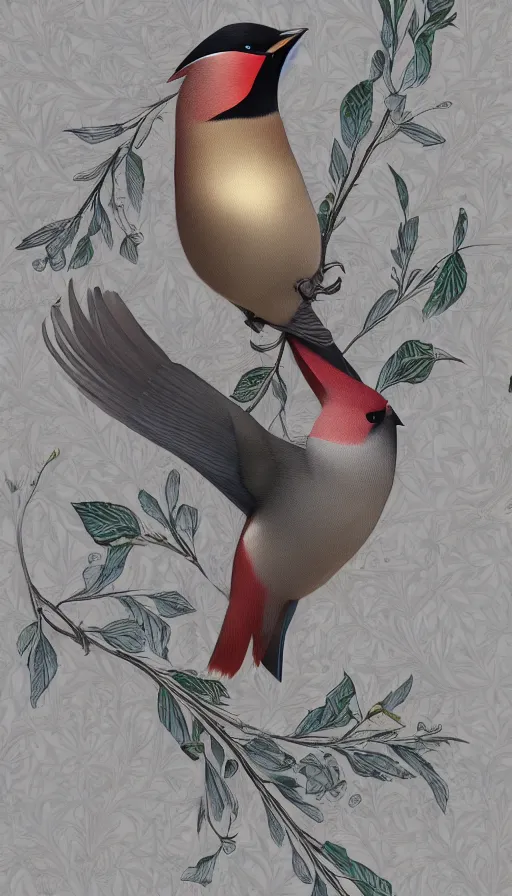 Image similar to ethereal bohemian waxwing bird, bombycilla garrulus + intricate details, ornate, detailed illustration, octane render + johanna rupprecht style, william morris style + trending on artstation.