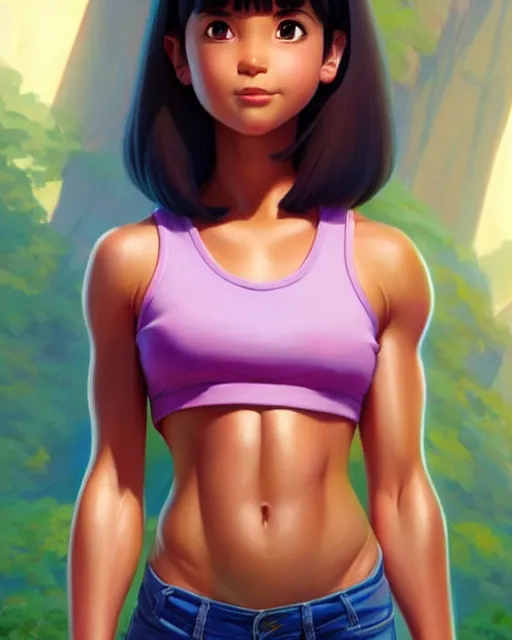 Image similar to real girl muscular dora the explorer showing her abs, fine detail!! anime!! realistic shaded lighting!!, kim hyun joo, digital painting by ilya kuvshinov, magali villeneuve, artgerm, jeremy lipkin and michael garmash and rob rey