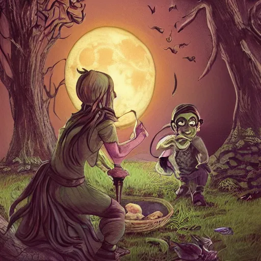 Prompt: I lived alongside my family and clan. Ghostwise Halflings are known for our affinity to nature and our love of druidic practices and teachings. So, no one was surprised when I started using my innate magical abilities at a young age. With a family name Moon, they had high expectations for me to be our next great protector. My clan however despised my love for the unknown. Trying to sew generations of mistrust in order to keep the clan from leaving our home. They desired for me to stay and keep its inhabitants healthy and safe. I, Fallon Moon had different plans. I remember changing into a tiny green spider, climbing from tree to tree, seeking out the friendliest passing adventurers, and always starting conversations telepathically before climbing down in front of them and revealing my true form. Quickly learning that many of them had never seen a Ghostwise before in their lifetime. I would listen to as many stories as they would tell and spend countless hours daydreaming of unknown lands. So, when I turned 26, I decided to leave home behind and find my own stories to tell. Lucky for me, on my second ten day, I found another clan, comprising of misfit adventurers, outside the South Stone mines. Willing to aid and protect them in whatever is needed to and help them set up and find New Catan. Yet sometimes I still miss Chondelwood and everyone back home. Then I look at my staff, a piece of wood from my favorite tree back there carved by Bree Leagallow, the leader of my old clan. Remembering I’ll always be able to find them again. painterly illustration + by wlop, peter mohrbacher, Gerald Brom, James Jean, Craig Mullins, Alphonse Mucha, Mike Mignola, Akihiko Yoshida H 768