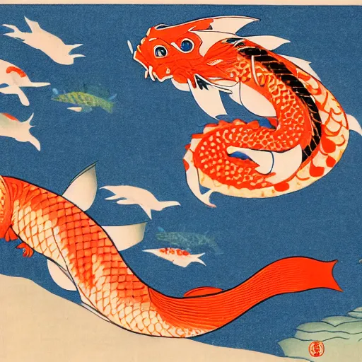 Image similar to koi fish, dragon, sunset, samorai, eating sushi, gensha, ukiyo - e