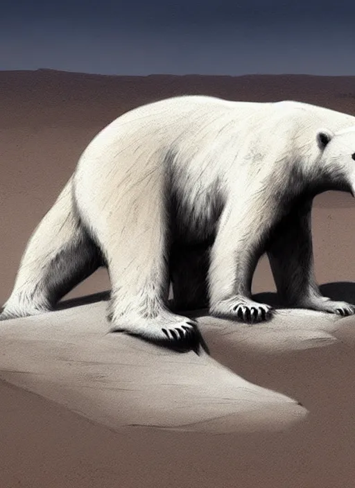 Prompt: dying polar bear on a desert, by greg rutkowski, trending on artstation, masterpiece, charcoal pencil