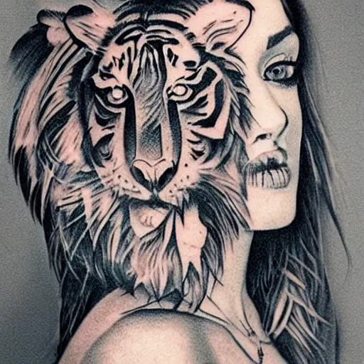 Image similar to tattoo design of a beautiful girl face, above the girls head there is a tiger head, hyper detailed, in the design of eliot kohek