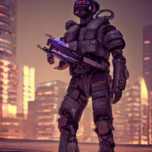 Prompt: a cyberpunk soldier, heavily armored, solarpunk, realistic octane render, high detail