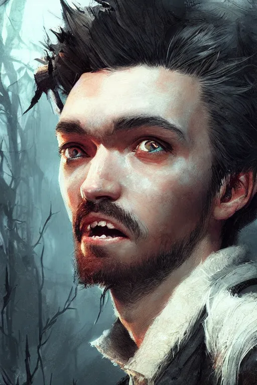 Prompt: of a realistic portrait of the YouTuber jacksepticeye by Greg rutkowski , Bloodborne style, photorealistic, cinematic lighting,