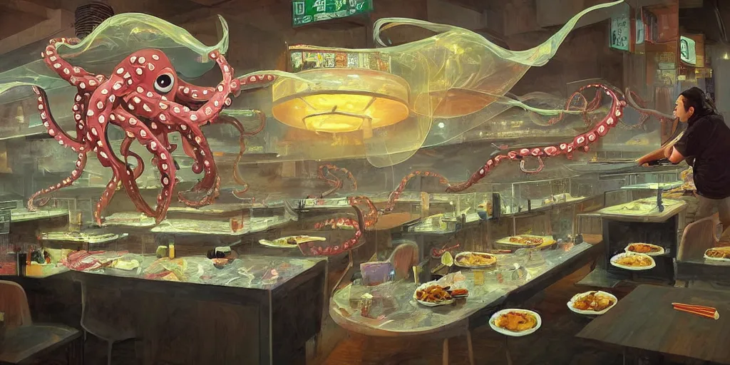 Image similar to Dreamt in 14.53s for @jbiziou's !dream photo highly detailed, of, a giant translucent iradescant octapus stealing all the knives from a sushi restaurant at 3 am in the morning, humorous and weird, in the style of national geographic magazine dramatic cinematic lighting