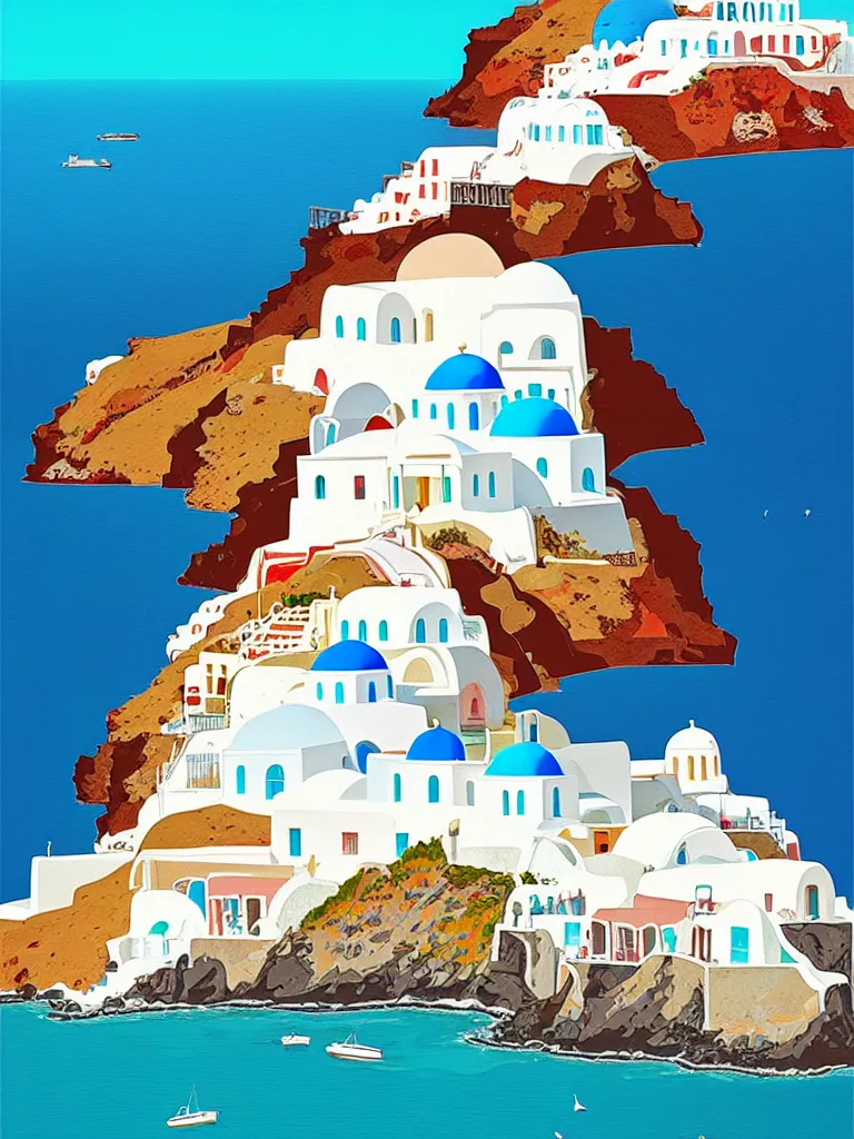 Image similar to a travel poster illustration depicting a house in santorini with an ocean view, vintage style, white architecture, digital painting, vector art, trending on artstration, by anton fadeev, by alena aenami