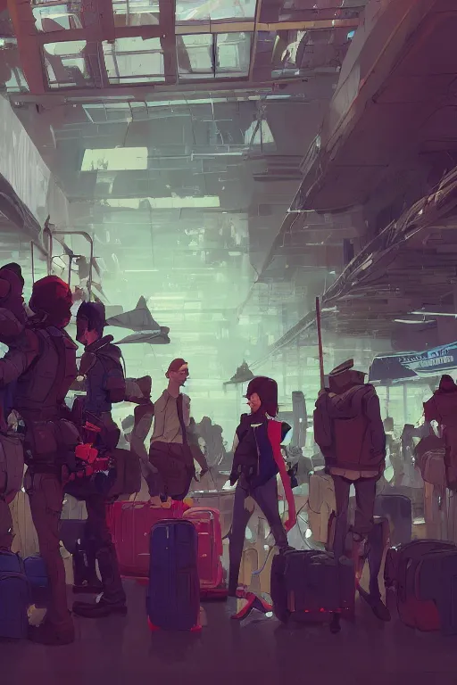 Image similar to inside a crowded dystopian airport behance hd artstation by jesper ejsing, by rhads, makoto shinkai and lois van baarle, ilya kuvshinov, ossdraws, that looks like it is from borderlands and by feng zhu and loish and laurie greasley, victo ngai, andreas rocha