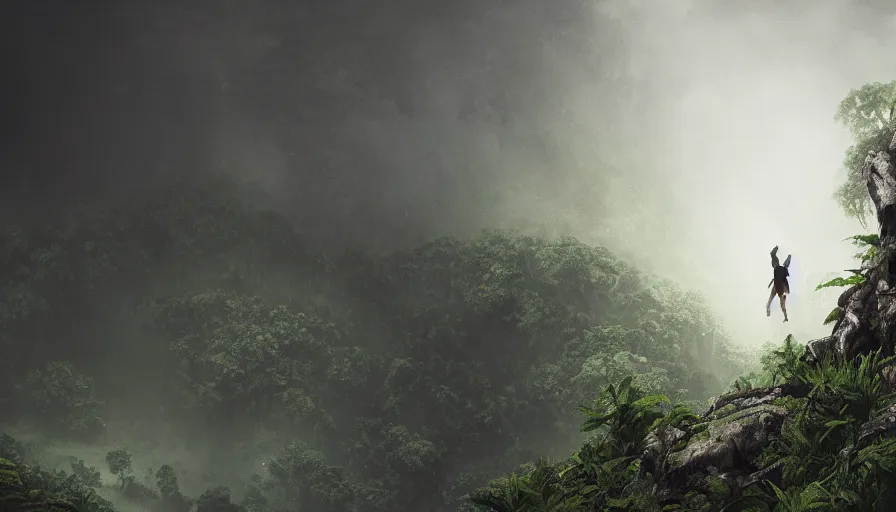 Image similar to survivor climbing a mountain in an hostile jungle during thunderstorm, black clouds, hyperdetailed, artstation, cgsociety, 8 k