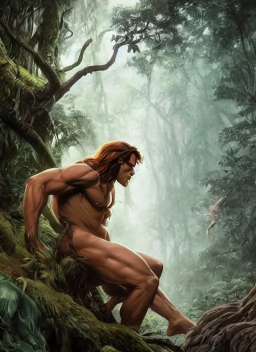 Image similar to A beautiful digital painting of tarzan in the mirkwood forrest looking at the camera by Stanley Artgerm Lau, frank frazetta, Rossdraws, James Jean, gerald brom, Andrei Riabovitchev, Marc Simonetti, and Sakimichan, trending on artstation