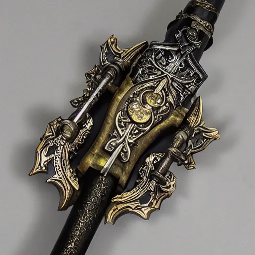 Image similar to An ornate and realistic sword,dazzling gem in the hilt,fantasy,masterwork,good lighting